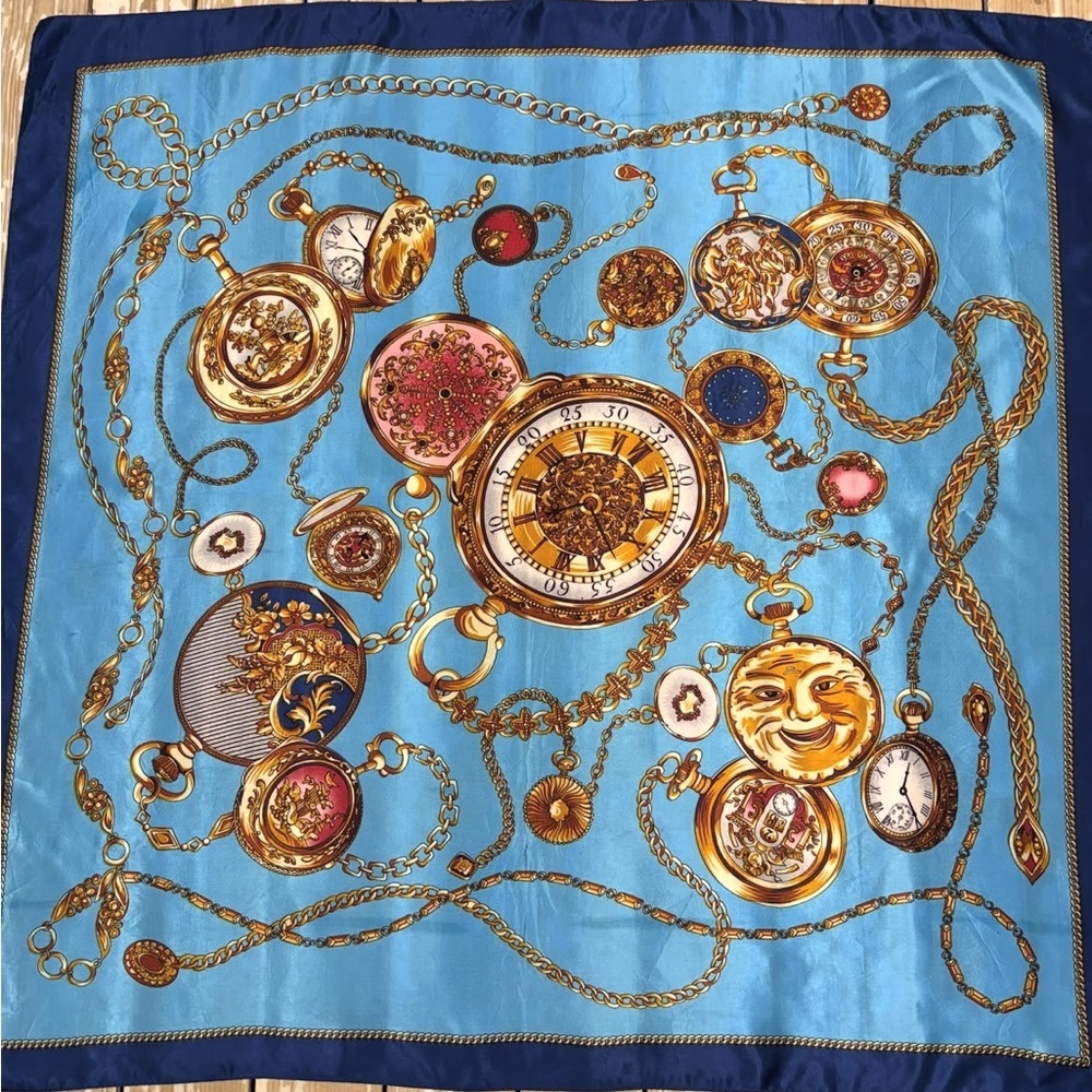 Vintage-Inspired Silk-Feel Scarf – Teal & Gold Ornate Timepiece Print - Picture 3 of 4